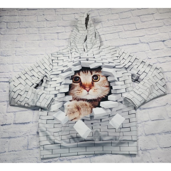 Tops - Unbranded WOMENS Large Kitten  Cat Breaking Through Brick Wall Hoodie Pullover